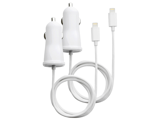 Apple Certified 2.1 Amp Car Charger with Built-In 3.2ft Lightning to USB Cable for iPad, iPod, and iPhone - Dual Pack